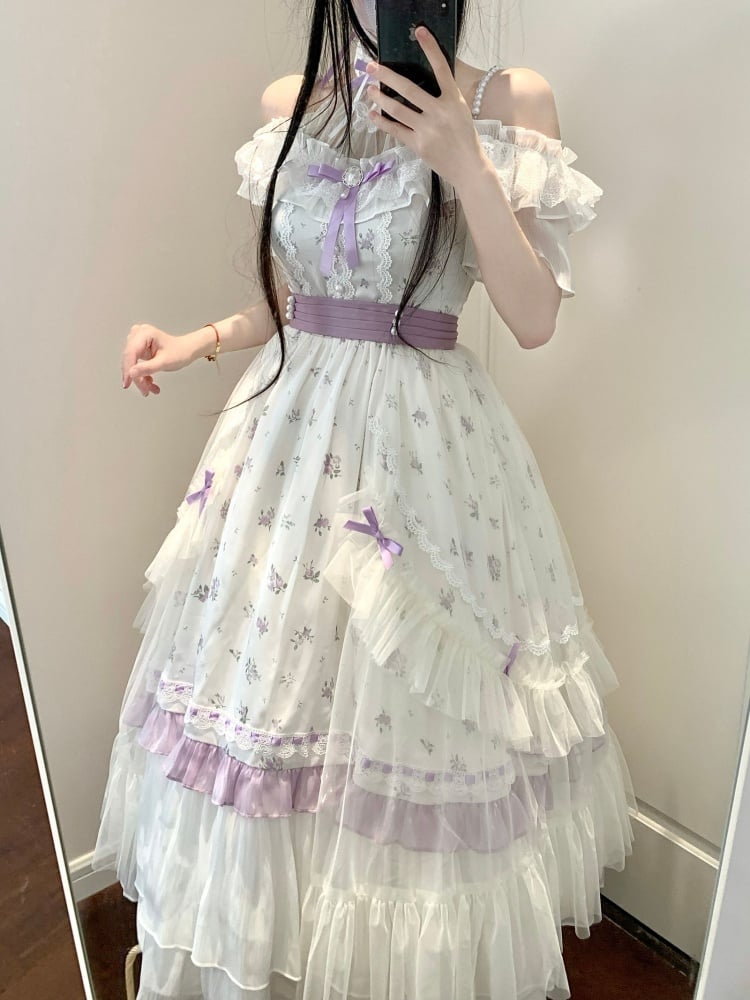 Illusion Neckline Elegant Floral Dress White and Purple High Waist Classic One Piece