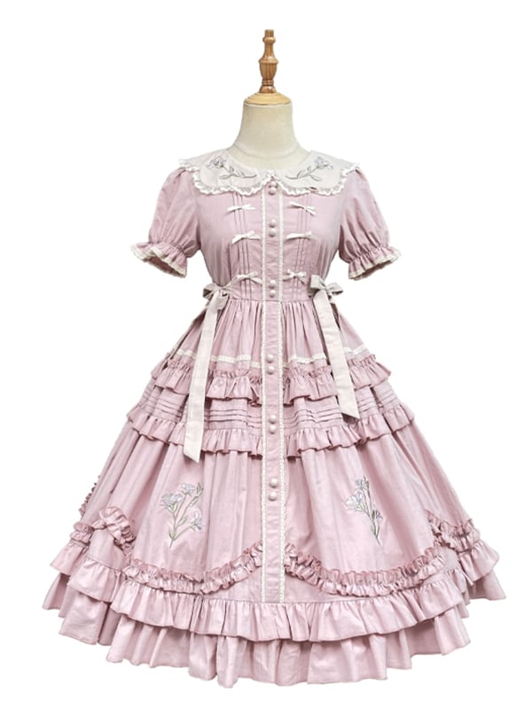 Pink Iris Embroidery Peter Pan Collar Ruffle Hem One Piece - Sukuroi