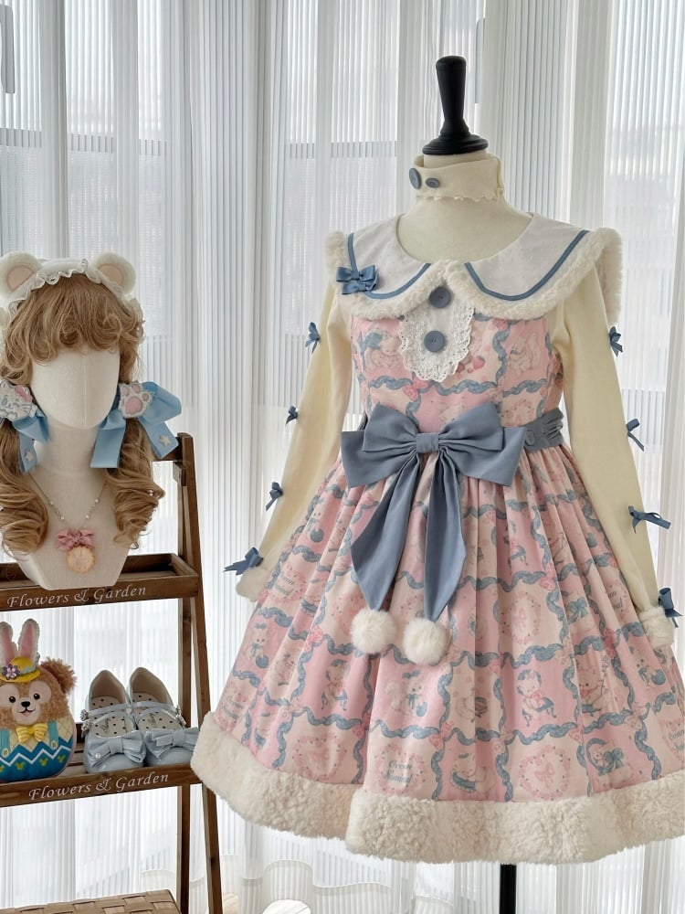 Kitty Embroidery Collar Sweet Pink and Blue Winter Jumper Skirt - Sukuroi