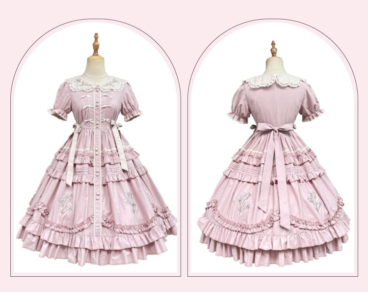 Pink Iris Embroidery Peter Pan Collar Ruffle Hem One Piece - Sukuroi