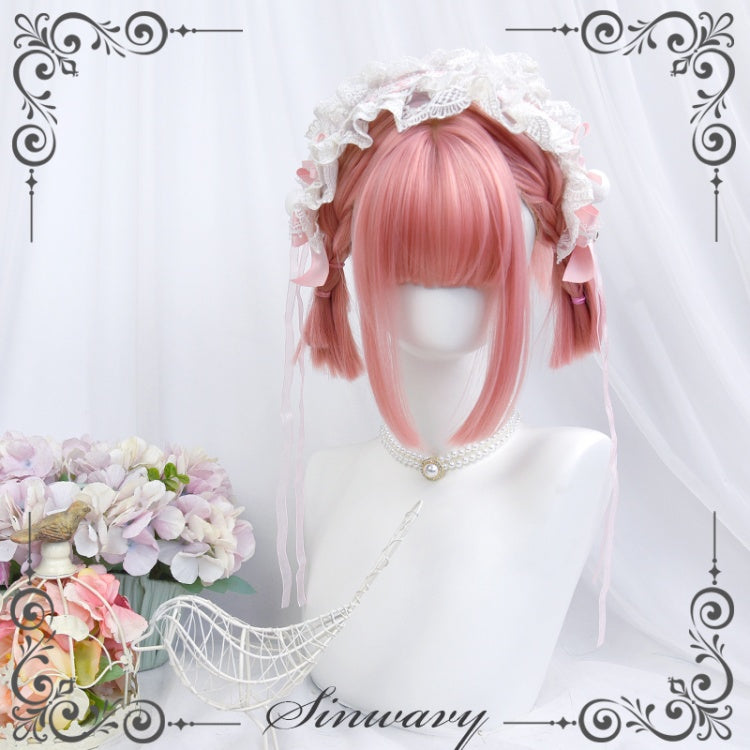 Peach Pink Short Straight Synthetic Wig with Bangs