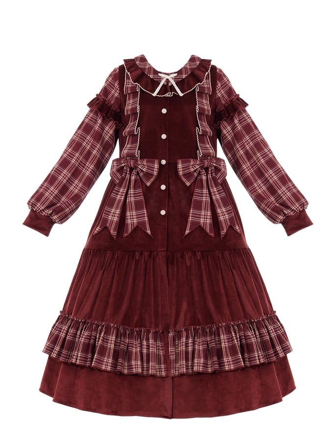 Red Plaid Pattern Christmas Winter Dress Removable Bowknots One Piece