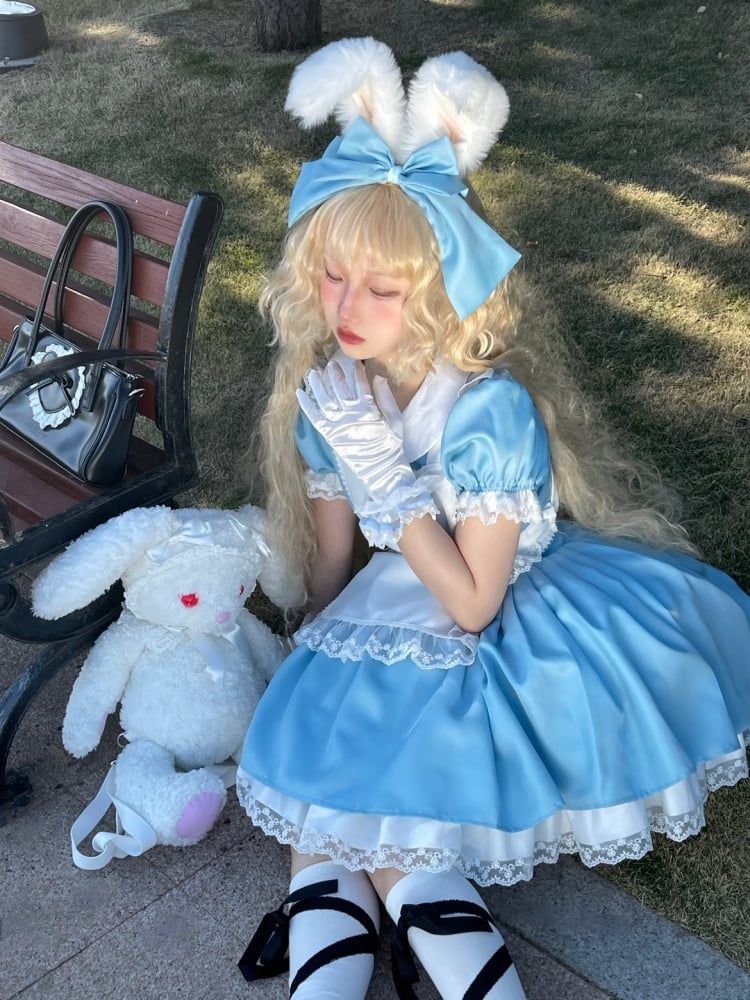 Plus Size Friendly Blue Short Version Maid One Piece + Apron Alice in Wonderland Vibes