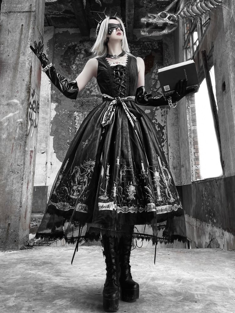 Stylish black gothic jumper skirt outfit with bold dragon print