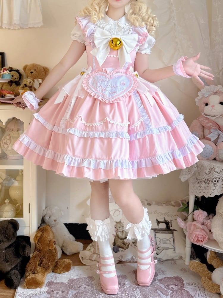 Pink High Waist Jumper Skirt with Heart Apron and Wristcuffs