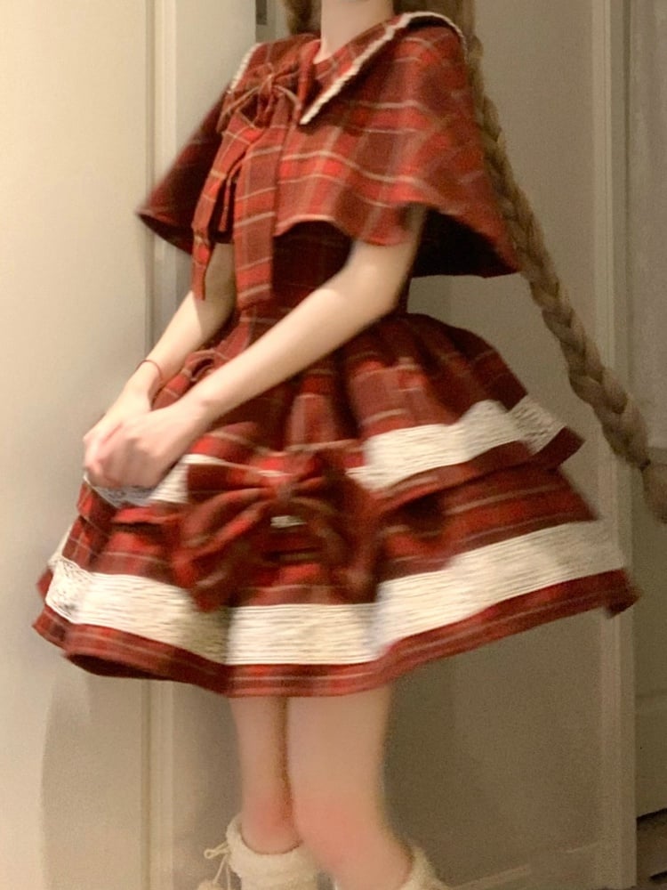 New Year Red Plaid Pattern Jumper Skirt + Cape + Beret - Sukuroi