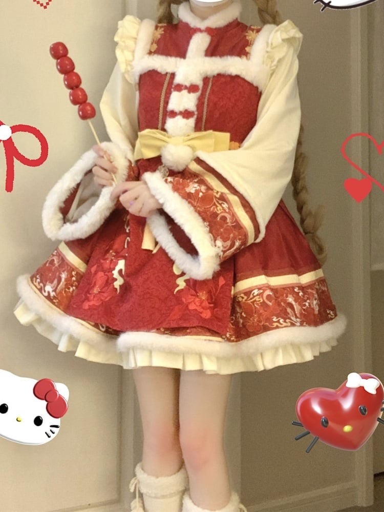 New Year Red Floral Embroidery One Piece Cheongsam Style Qi Lolita Winter Dress - Sukuroi
