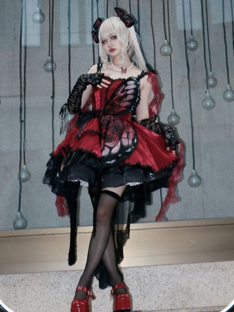 Wine Red Butterfly Jumper Skirt Gothic Princess Dress with Butterfly Train