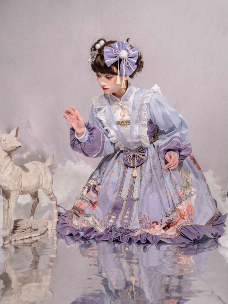 Purple Floral and Panda Print Pompoms Tassel Jumper Skirt