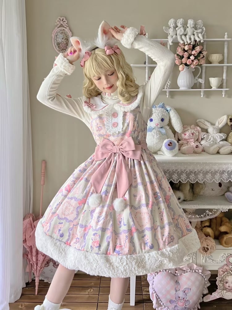 Kitty Print Sweet Pink and Green Winter Jumper Skirt - Sukuroi
