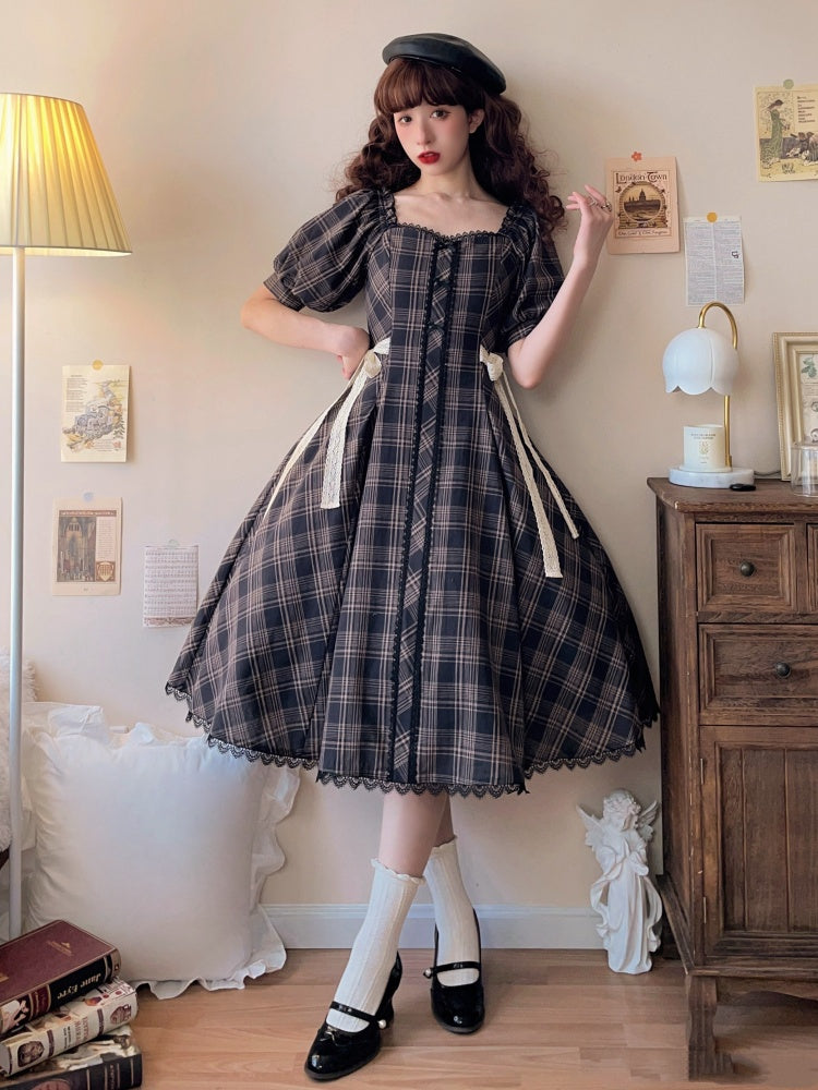 Plaid Pattern One Piece Short Sleeves Elegant Dress