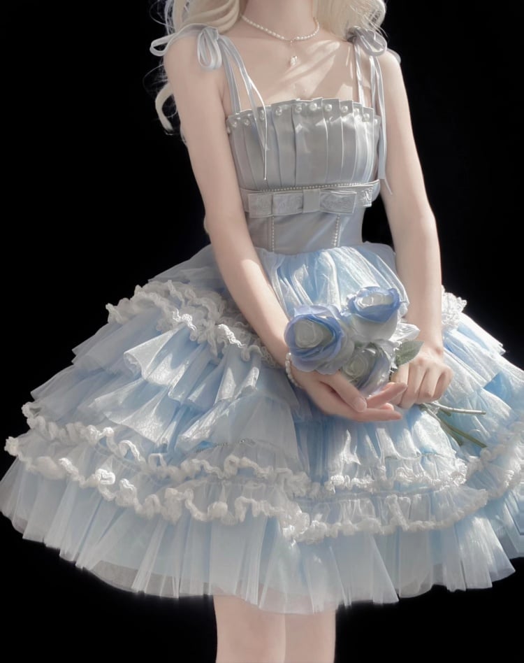 Light Blue Balletcore Princess Dress Pleating Details Bodice Puffy Skirt Jumper Skirt