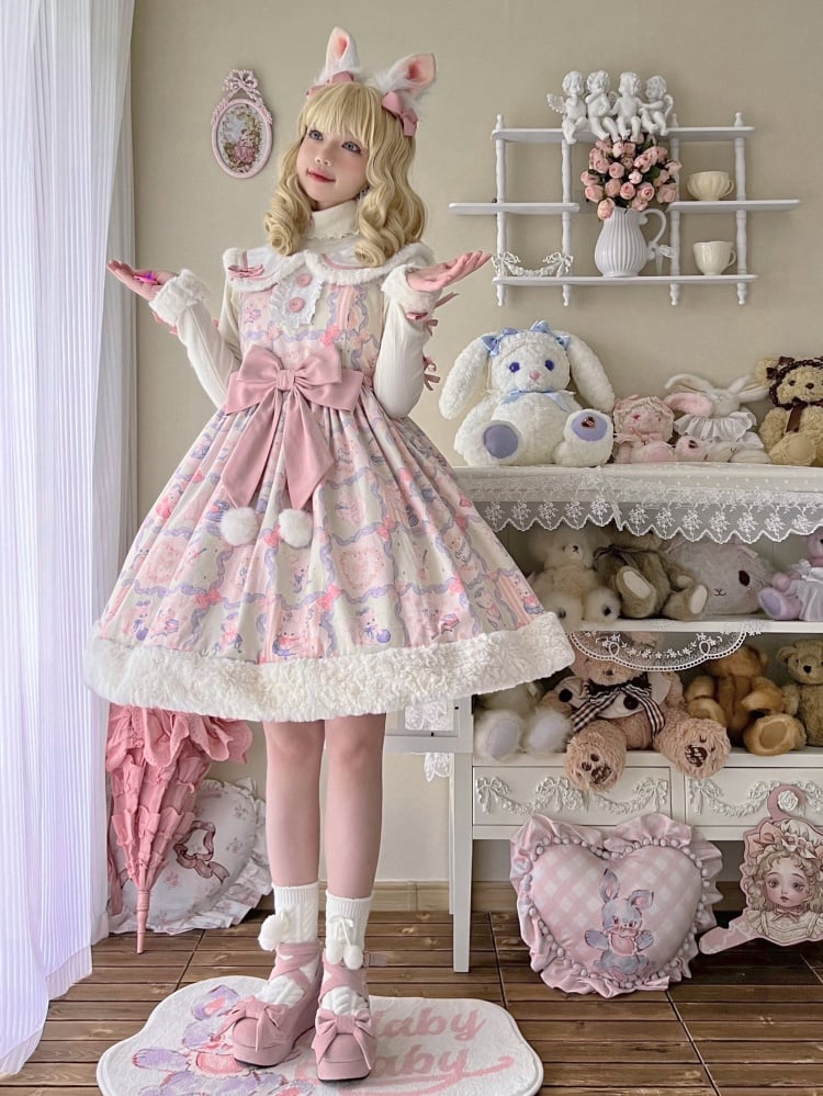 Kitty Print Sweet Pink and Green Winter Jumper Skirt - Sukuroi