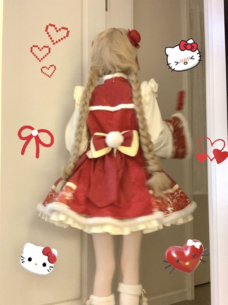 New Year Red Floral Embroidery One Piece Cheongsam Style Qi Lolita Winter Dress - Sukuroi