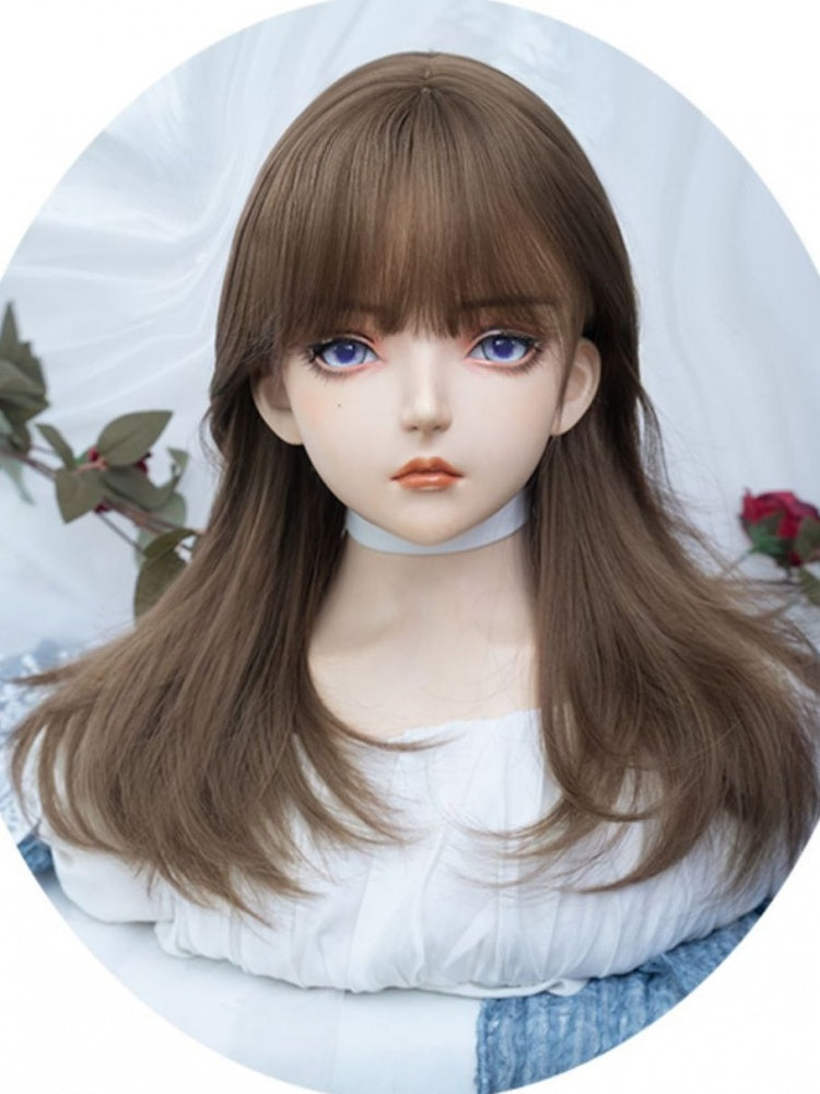 Honey Brown Medium Wavy Synthetic Wig Full Bangs