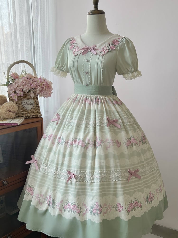 Rose Embroidery Collar Green and Pink Floral Dress One Piece