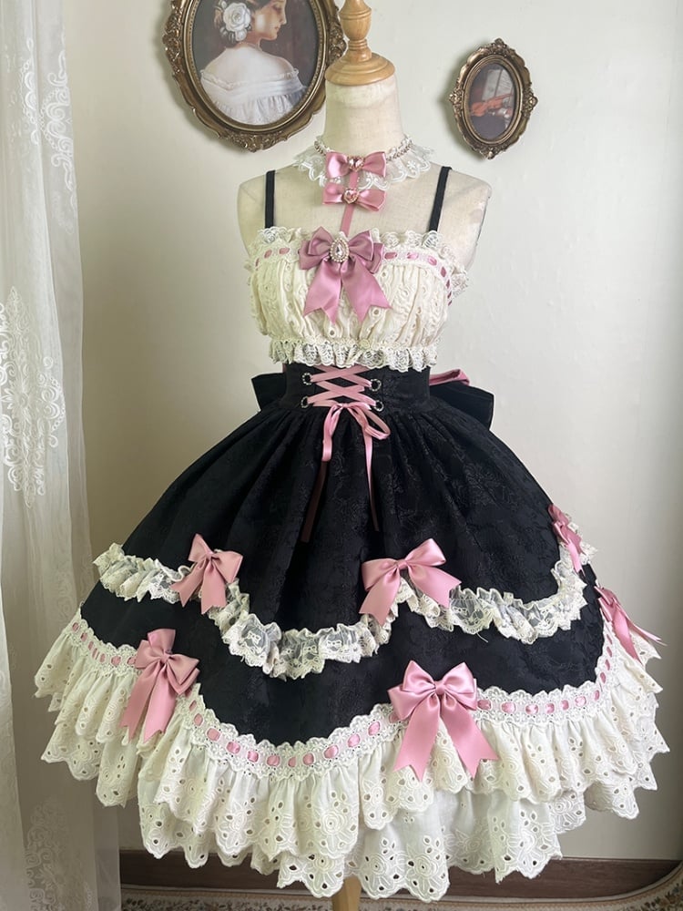 Plus Size Friendly Black Rosette Pattern Fabric Detachable Bowknots Jumper Skirt - Sukuroi