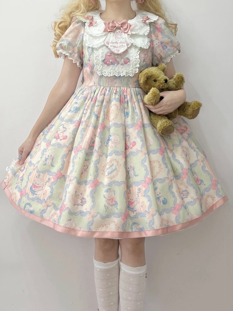 Pink and Green Sweet Kitty Print High Waist One Piece - Sukuroi