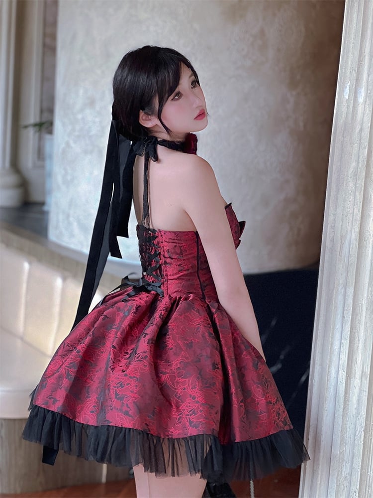 Rosette Print Black and Red Strapless Basque Waist Short Dress