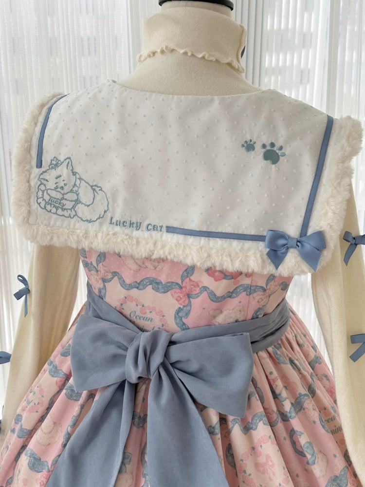 Kitty Embroidery Collar Sweet Pink and Blue Winter Jumper Skirt - Sukuroi