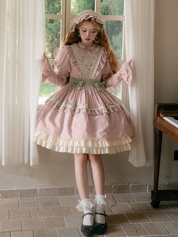 Pink Spring Orchid Embroidery One Piece Embroidered Trim Hemline - Sukuroi