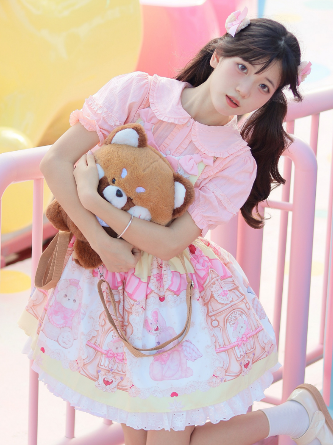 Pink Peter Pan Collar Shirt / Yellow Teddy High Waist Overalls