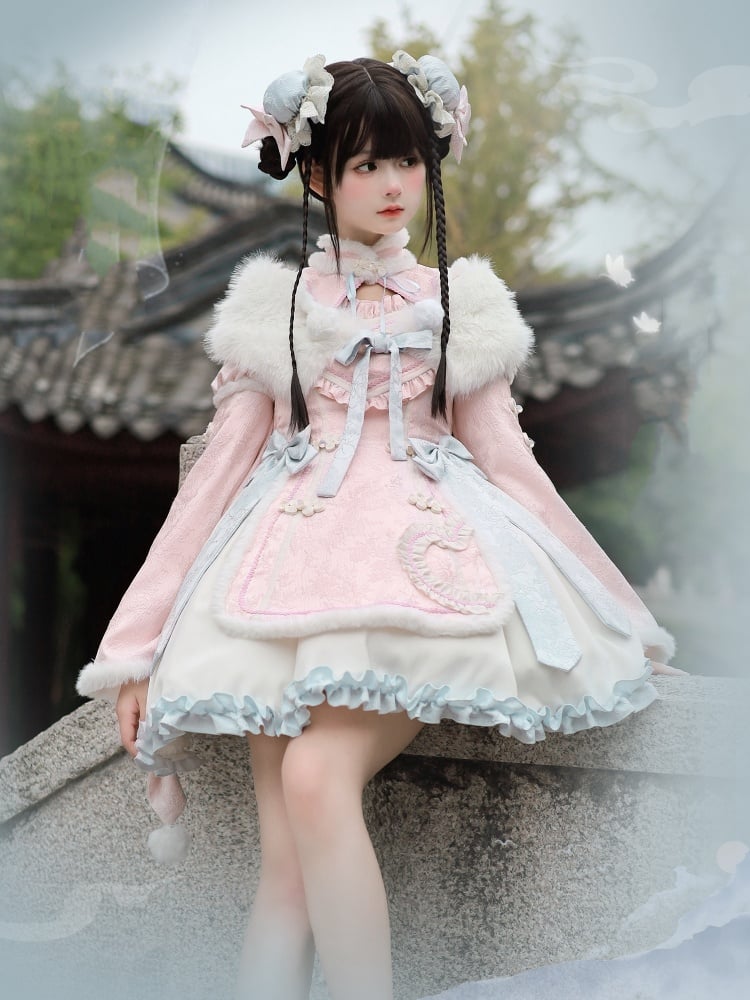 Pink High Waist White Plush Trim Neckline and Cuffs Qi One Piece - Sukuroi