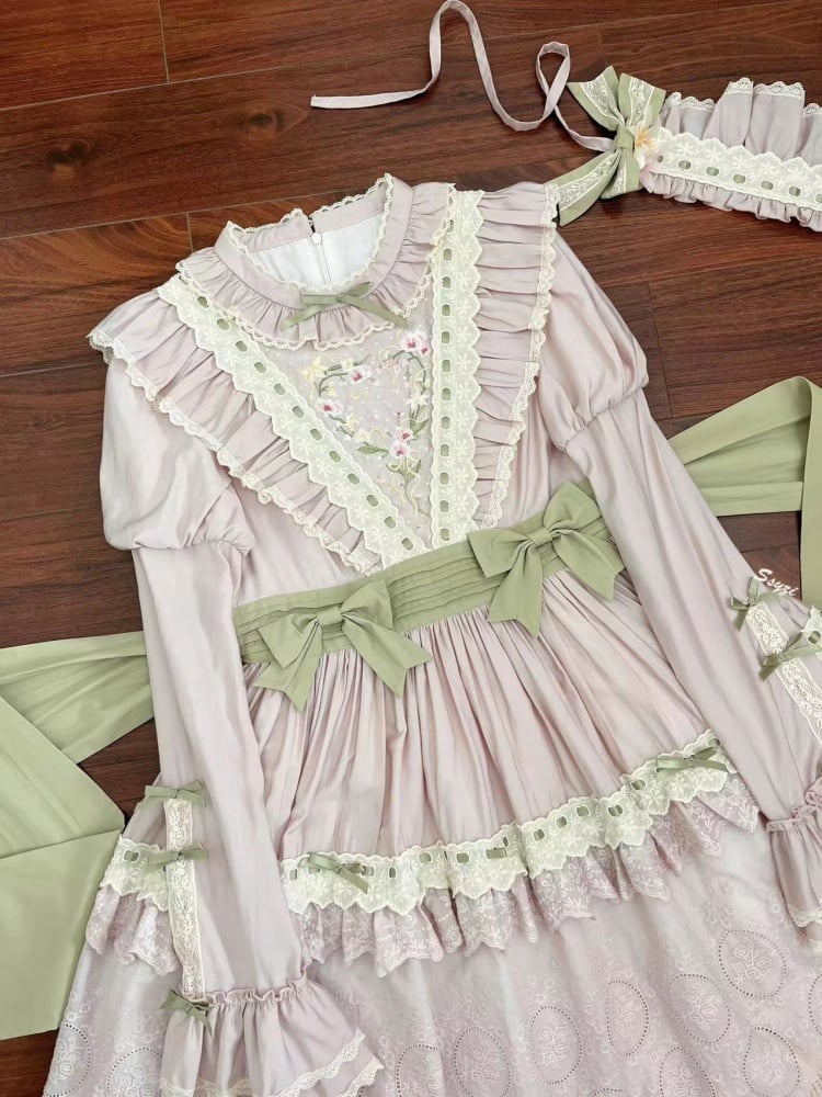 Pink Spring Orchid Embroidery One Piece Embroidered Trim Hemline - Sukuroi