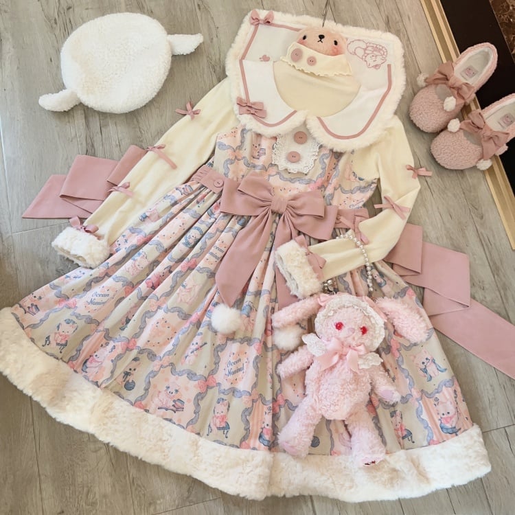 Kitty Print Sweet Pink and Green Winter Jumper Skirt - Sukuroi