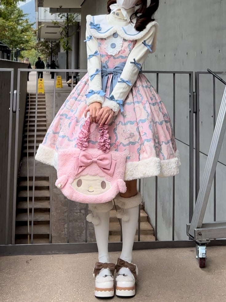 Kitty Embroidery Collar Sweet Pink and Blue Winter Jumper Skirt - Sukuroi