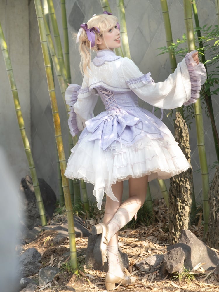 White and Purple Knot Button Jumper Skirt Full Set - Sukuroi