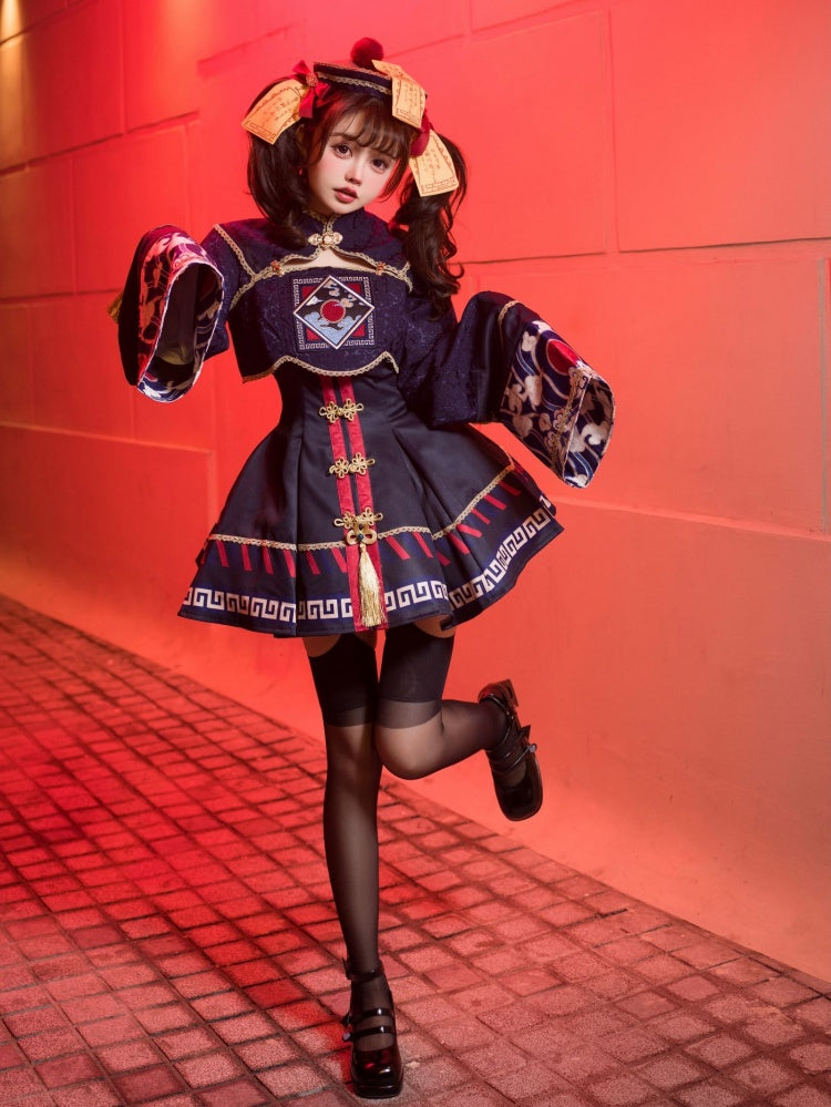 Little Zombie Dark Blue Golden Knot Button JSK Qi Dress