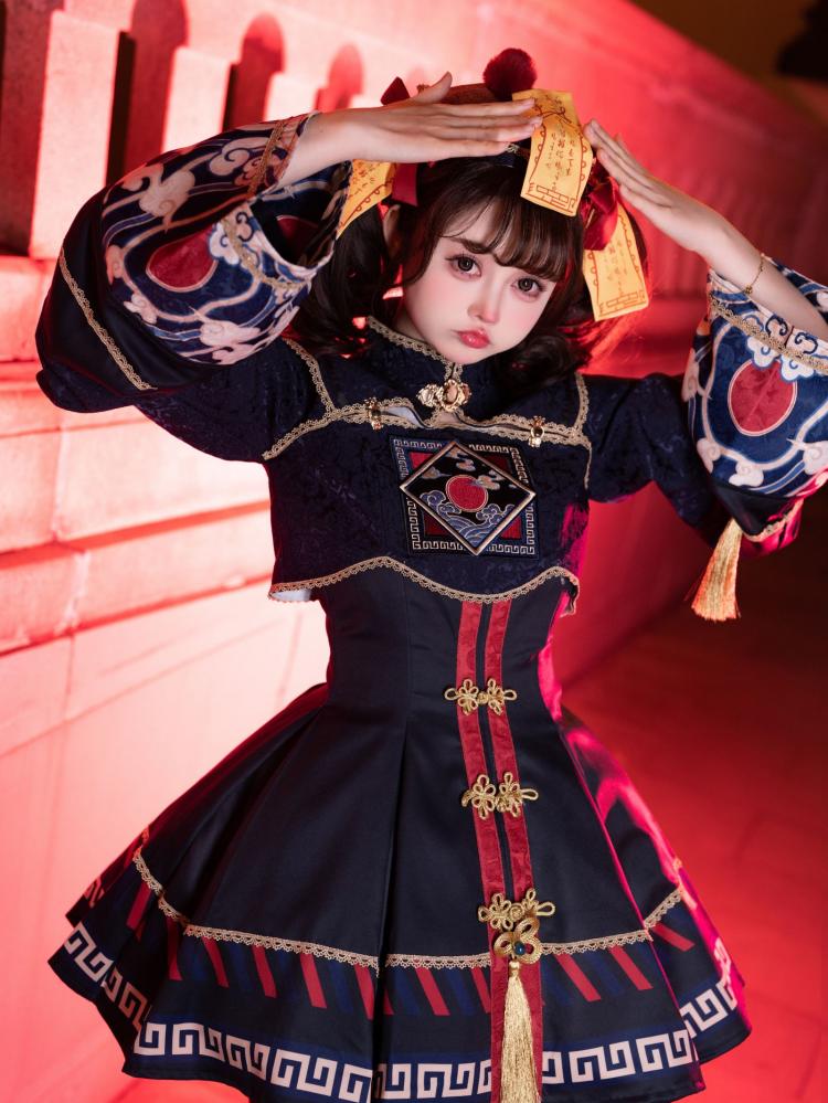 Little Zombie Dark Blue Golden Knot Button JSK Qi Dress