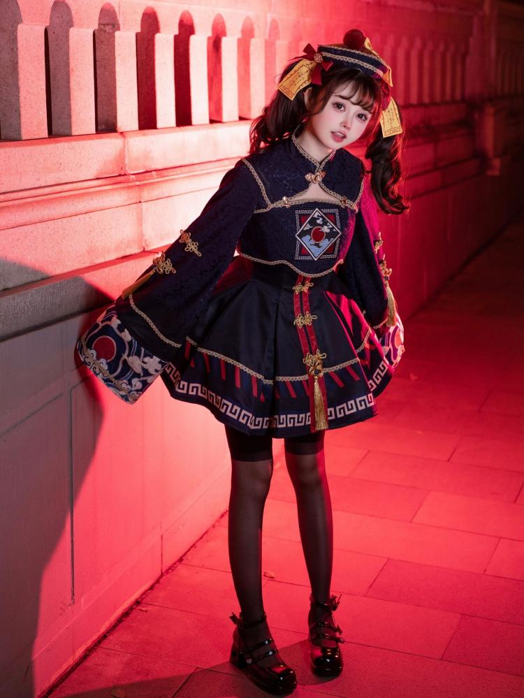 Little Zombie Dark Blue Golden Knot Button JSK Qi Dress