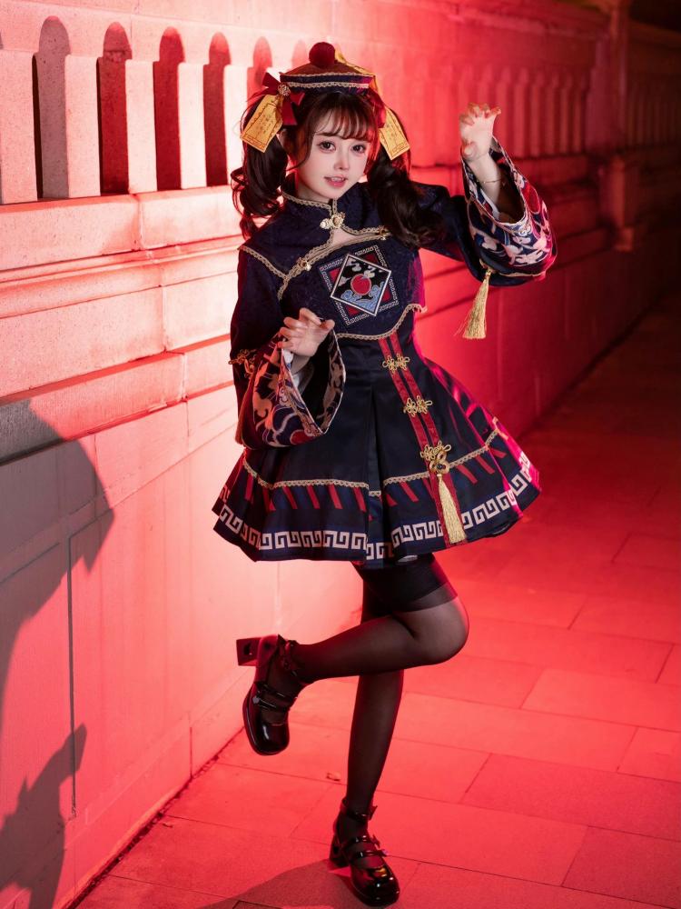 Little Zombie Dark Blue Golden Knot Button JSK Qi Dress