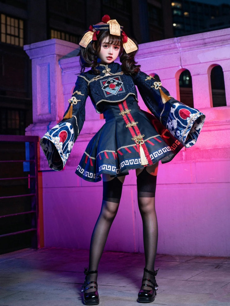 Little Zombie Dark Blue Golden Knot Button JSK Qi Dress