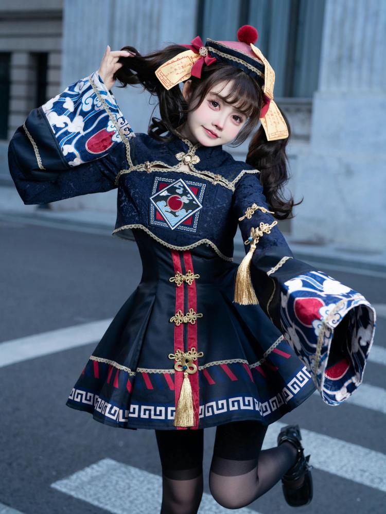 Little Zombie Dark Blue Golden Knot Button JSK Qi Dress