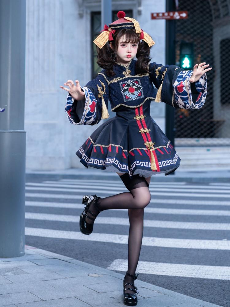 Little Zombie Dark Blue Golden Knot Button JSK Qi Dress
