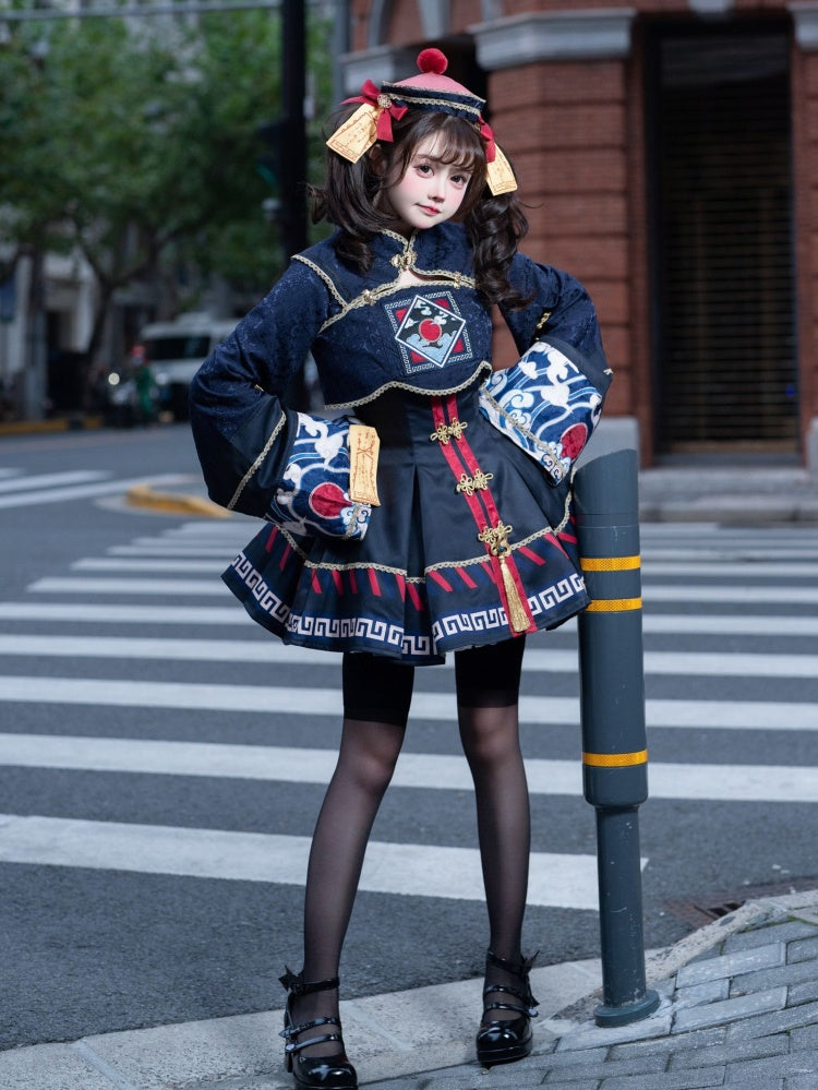 Little Zombie Dark Blue Golden Knot Button JSK Qi Dress