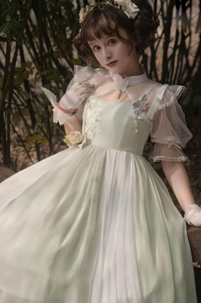 Green Floral Embroidery Dress + White Banded Collar Top