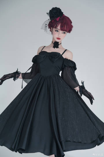 Long Version Morning Dew Black Off-the-shoulder Neckline Short Sleeves One Piece