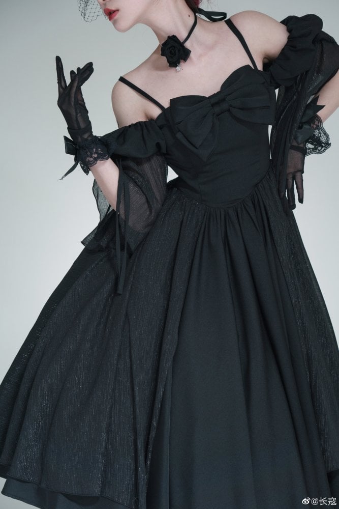 Long Version Morning Dew Black Off-the-shoulder Neckline Short Sleeves One Piece