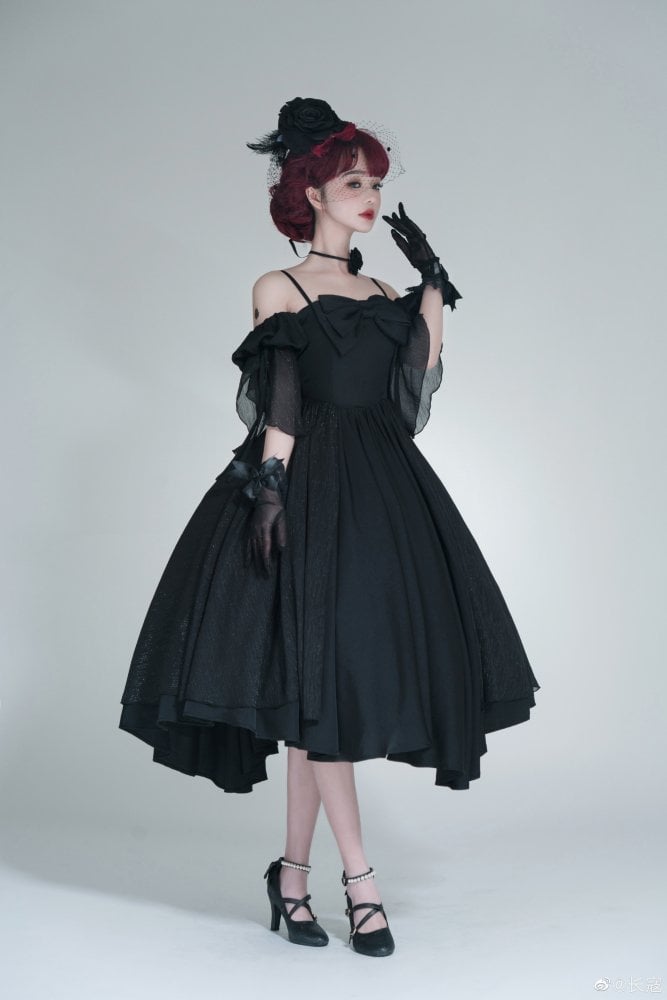 Long Version Morning Dew Black Off-the-shoulder Neckline Short Sleeves One Piece