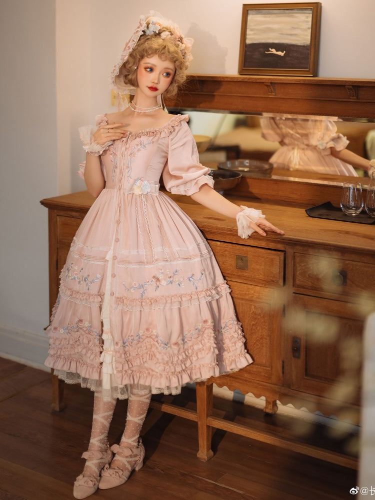 In Stock Former Days Souvenirs Mid-sleeves Floral Embroidery Elegant Pink Lolita Dress Full Set