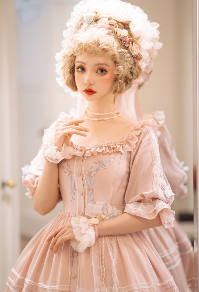 In Stock Former Days Souvenirs Mid-sleeves Floral Embroidery Elegant Pink Lolita Dress Full Set