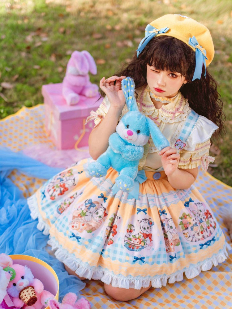 Picnic Day Yellow Plaid Kitty Print Ruffle Hem Overalls