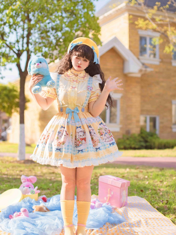 Picnic Day Yellow Plaid Kitty Print Ruffle Hem Overalls