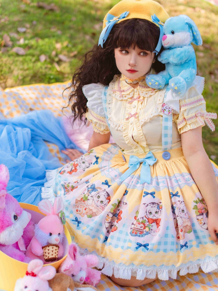 Picnic Day Yellow Plaid Kitty Print Ruffle Hem Overalls