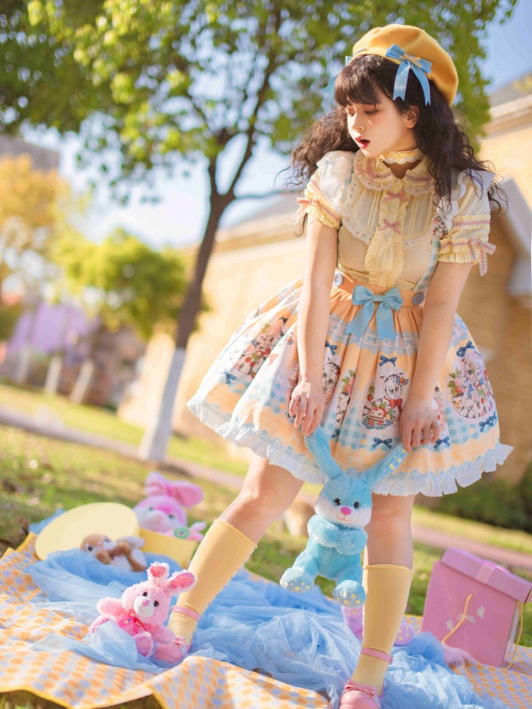 Picnic Day Yellow Plaid Kitty Print Ruffle Hem Overalls