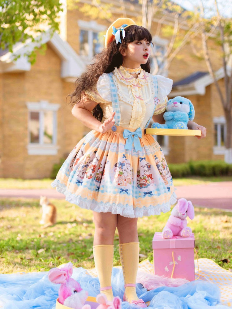 Picnic Day Yellow Plaid Kitty Print Ruffle Hem Overalls